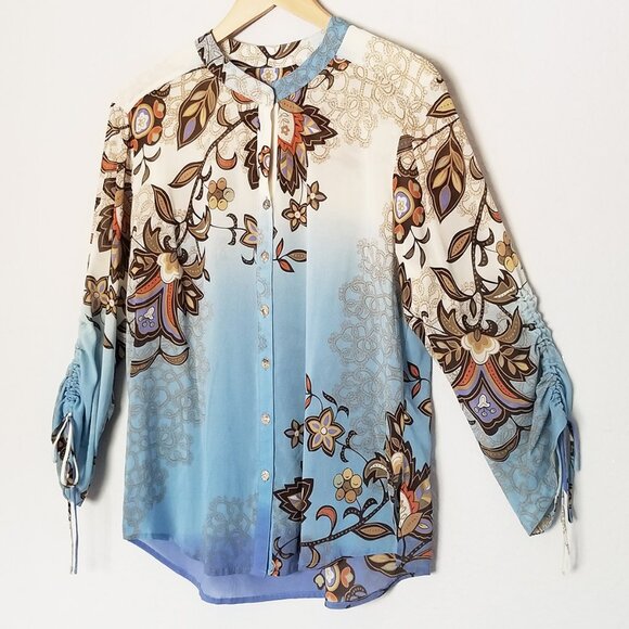 Citron Santa Monica Fall Leaf Silk Blend Blouse Top M Ruched Sleeves Lagenlook - Picture 2 of 16